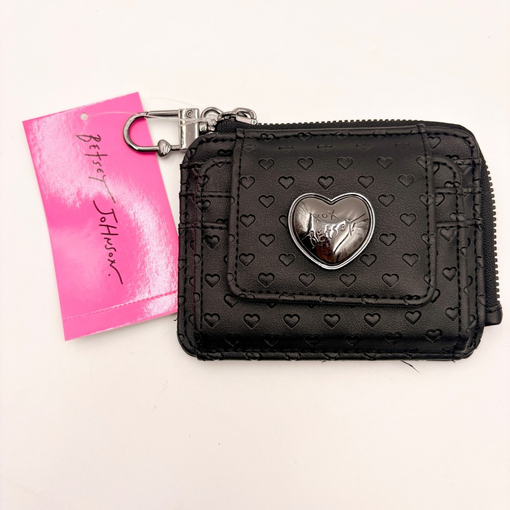 Betsey Johnson XOFRENCH Black Embossed Heart Card Case Wallet Keychain